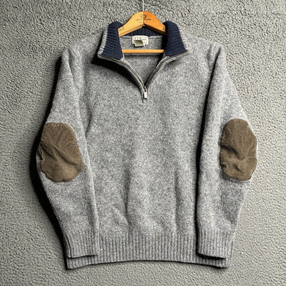 Vintage L.L.Bean Shetland Wool Sweater Gray Large 1/4 Zip Corduroy Elbow Patches